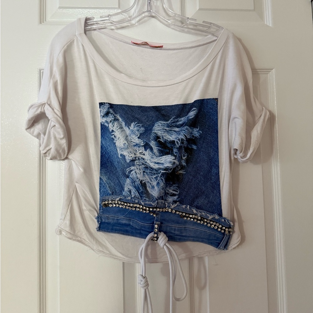 T176- Delicious White and Blue Crop Top with Denim Accent